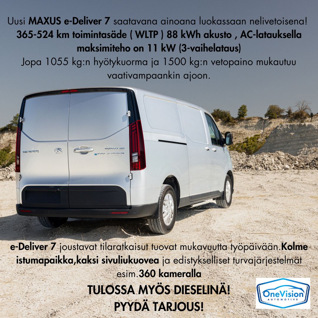 Uusi e-DEliver 7 saatavana ainoana luokassaan nelivetoisena! 365-524 km toimintasäde ( WLTP) Jopa 1055 kgn hyötykuorma ja 1500 kgn vetopaino mukautuu vaativaankin ajoon.